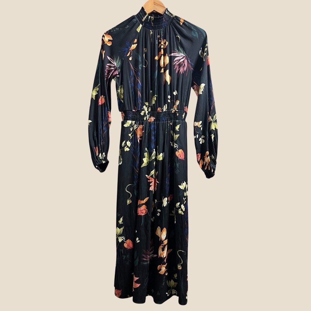A New Day Pleated Midi Dress Womens XS Black Floral Smocked High Neck Long Slv